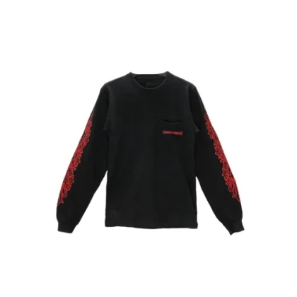 Long Sleeve Red Scroll Chrome Heart Pocket Tee Black