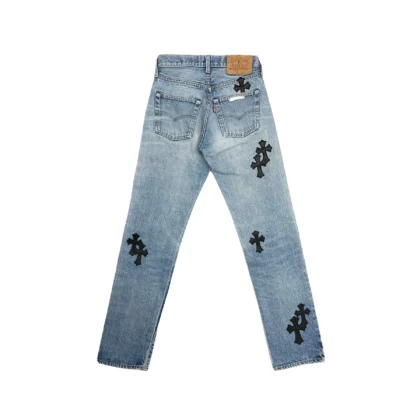 Chrome Hearts Levi's 501 Black Cross Leather Patch Jeans